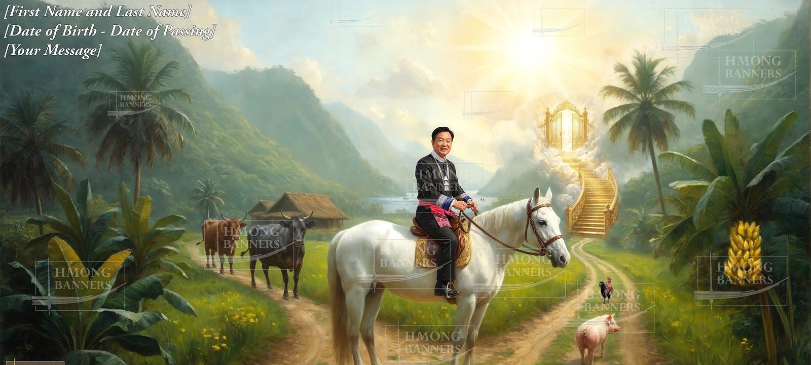 Hmong Banners Banner Design 4 template showing a man on a white horse in an illustrated mountain valley