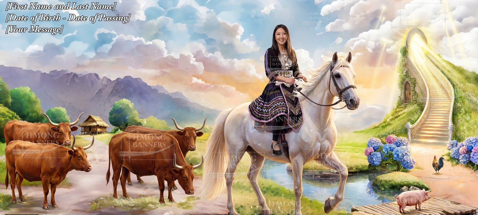 Hmong Banners Banner Design 7 template showing a woman in traditional clothing riding a white horse through an illustrated rural landscape
