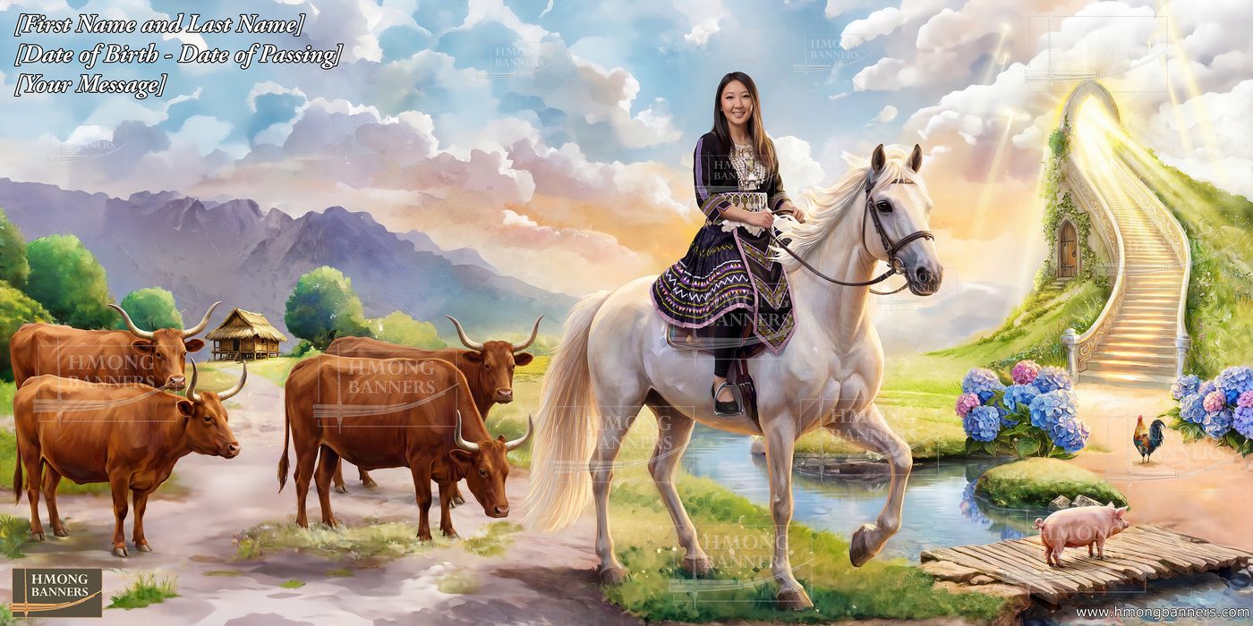 Sample Hmong Banners funeral-banner design showing a woman in embroidered clothing riding a white horse